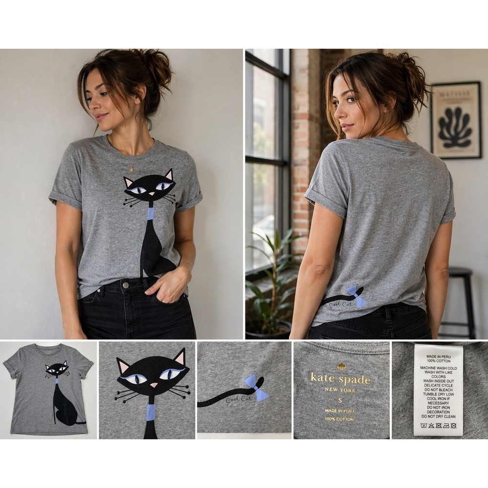 Kate Spade Cat Graphic Tee Jeweled Eyes Novelty Chic Gray Top S